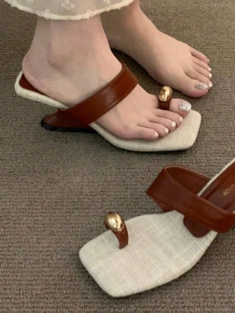 Brown French Style Women's Faux Leather Pointed Toe Wedge Heel One-Strap Sandals
